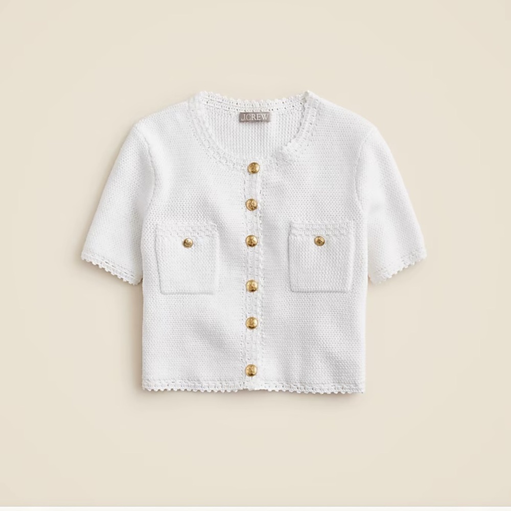 J. Crew White Short-Sleeve Knit Cardigan with Gold Buttons